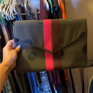 Stella & Dot Olive Polka Dot Clutch with Pink Stripe